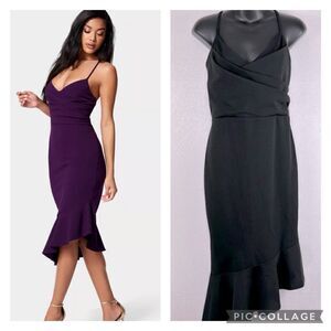 Bebe Asymmetric Flounced Knee Ruffle Midi Dress Black L